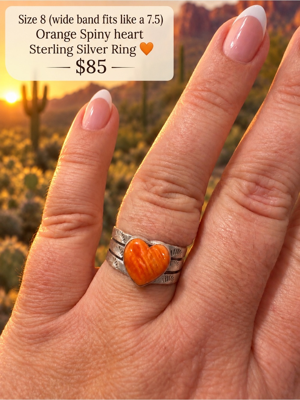 Sterling Silver Orange Heart Ring - Size 8